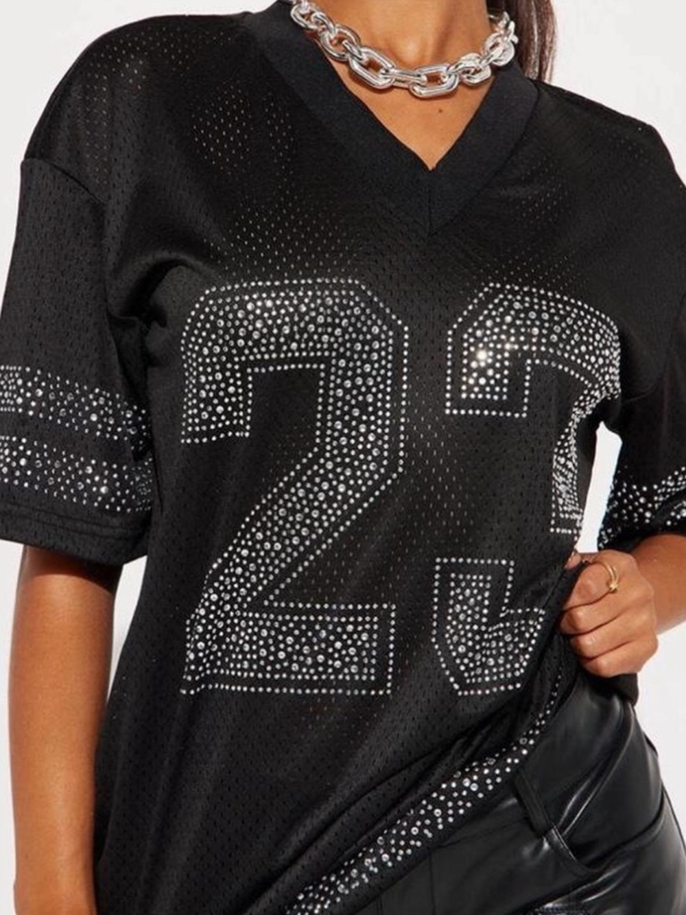 Fashion Nova Black Rhinestone '23' Mesh Football Tee